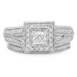 0.95 Carat (Ctw) 14K White Gold Princess & Round Cut White Diamond Ladies Split Shank Milgrain Bridal Engagement Ring With Matching Band Set