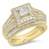 0.95 Carat (Ctw) 14K Yellow Gold Princess & Round Cut White Diamond Ladies Split Shank Milgrain Bridal Engagement Ring With Matching Band Set