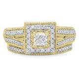 0.95 Carat (Ctw) 14K Yellow Gold Princess & Round Cut White Diamond Ladies Split Shank Milgrain Bridal Engagement Ring With Matching Band Set