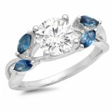 1.40 Carat (Ctw) Sterling Silver Round Cut White Sapphire & Marquise Blue Sapphire Ladies Swirl Split Shank Bridal Engagement Ring