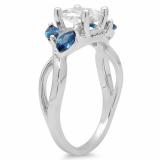 1.40 Carat (Ctw) Sterling Silver Round Cut White Sapphire & Marquise Blue Sapphire Ladies Swirl Split Shank Bridal Engagement Ring