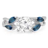 1.40 Carat (Ctw) Sterling Silver Round Cut White Sapphire & Marquise Blue Sapphire Ladies Swirl Split Shank Bridal Engagement Ring