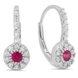 0.55 Carat (Ctw) 10K White Gold Round Cut Ruby & White Diamond Ladies Cluster Halo Style Dangling Drop Earrings