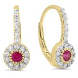 0.55 Carat (Ctw) 14K Yellow Gold Round Cut Ruby & White Diamond Ladies Cluster Halo Style Dangling Drop Earrings