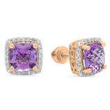2.80 Carat (ctw) 10K Rose Gold Cushion Cut Amethyst & Round Cut White Diamond Ladies Square Frame Halo Stud Earrings