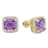2.80 Carat (ctw) 14K Yellow Gold Cushion Cut Amethyst & Round Cut White Diamond Ladies Square Frame Halo Stud Earrings