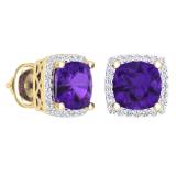2.80 Carat (ctw) 14K Yellow Gold Cushion Cut Amethyst & Round Cut White Diamond Ladies Square Frame Halo Stud Earrings