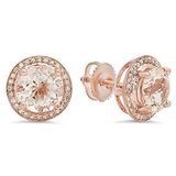2.50 Carat (Ctw) 18k Rose Gold Round Morganite & White Diamond Ladies Halo Style Stud Earrings