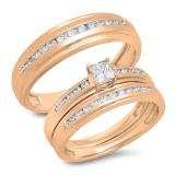 0.85 Carat (Ctw) 10K Rose Gold Princess & Round Cut White Diamond Men & Women's Fashion Engagement Ring Trio Bridal Set