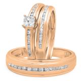 0.85 Carat (Ctw) 10K Rose Gold Princess & Round Cut White Diamond Men & Women's Fashion Engagement Ring Trio Bridal Set