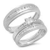 0.85 Carat (Ctw) 10K White Gold Princess & Round Cut White Diamond Men & Women's Fashion Engagement Ring Trio Bridal Set