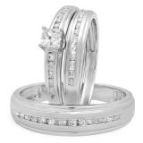 0.85 Carat (Ctw) 10K White Gold Princess & Round Cut White Diamond Men & Women's Fashion Engagement Ring Trio Bridal Set