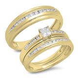 0.85 Carat (Ctw) 10K Yellow Gold Princess & Round Cut White Diamond Men & Women's Fashion Engagement Ring Trio Bridal Set