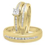 0.85 Carat (Ctw) 10K Yellow Gold Princess & Round Cut White Diamond Men & Women's Fashion Engagement Ring Trio Bridal Set