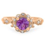 0.80 Carat (Ctw) 10K Rose Gold Round Cut Amethyst & White Diamond Ladies Bridal Halo Vintage Style Engagement Ring