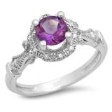0.80 Carat (Ctw) 10K White Gold Round Cut Amethyst & White Diamond Ladies Bridal Halo Vintage Style Engagement Ring
