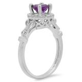 0.80 Carat (Ctw) 10K White Gold Round Cut Amethyst & White Diamond Ladies Bridal Halo Vintage Style Engagement Ring