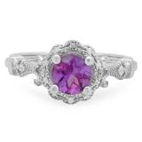 0.80 Carat (Ctw) 10K White Gold Round Cut Amethyst & White Diamond Ladies Bridal Halo Vintage Style Engagement Ring