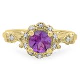0.80 Carat (Ctw) 10K Yellow Gold Round Cut Amethyst & White Diamond Ladies Bridal Halo Vintage Style Engagement Ring
