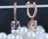 2.55 Carat (Ctw) 18K Rose Gold Cushion Morganite & Round White Diamond Ladies Dangling Drop Earrings
