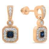 0.60 Carat (ctw) 10K Rose Gold Round Blue Sapphire & White Diamond Ladies Cluster Flower Dangling Drop Earrings