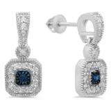 0.60 Carat (ctw) 10K White Gold Round Blue Sapphire & White Diamond Ladies Cluster Flower Dangling Drop Earrings