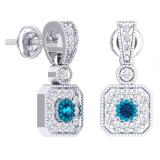 0.60 Carat (ctw) 10K White Gold Round Blue Sapphire & White Diamond Ladies Cluster Flower Dangling Drop Earrings