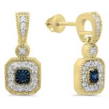 0.60 Carat (ctw) 10K Yellow Gold Round Blue Sapphire & White Diamond Ladies Cluster Flower Dangling Drop Earrings
