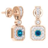 0.60 Carat (ctw) 14K Rose Gold Round Blue Sapphire & White Diamond Ladies Cluster Flower Dangling Drop Earrings