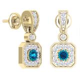 0.60 Carat (ctw) 14K Yellow Gold Round Blue Sapphire & White Diamond Ladies Cluster Flower Dangling Drop Earrings