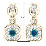 0.60 Carat (ctw) 18K Yellow Gold Round Blue Sapphire & White Diamond Ladies Cluster Flower Dangling Drop Earrings