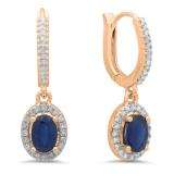 1.70 Carat (ctw) 10K Rose Gold Oval Cut Blue Sapphire & Round Cut White Diamond Ladies Halo Style Dangling Drop Earrings
