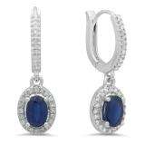 1.70 Carat (ctw) 10K White Gold Oval Cut Blue Sapphire & Round Cut White Diamond Ladies Halo Style Dangling Drop Earrings