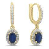 1.70 Carat (ctw) 10K Yellow Gold Oval Cut Blue Sapphire & Round Cut White Diamond Ladies Halo Style Dangling Drop Earrings