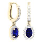 1.70 Carat (ctw) 10K Yellow Gold Oval Cut Blue Sapphire & Round Cut White Diamond Ladies Halo Style Dangling Drop Earrings