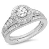 0.85 Carat (ctw) 10K White Gold Round Diamond Ladies Halo Style Bridal Engagement Ring With Matching Band Set