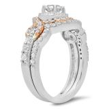1.10 Carat (ctw) 14K White & Rose Gold Two Tone Round White Diamond Ladies Swirl Halo Bridal Engagement Ring Set