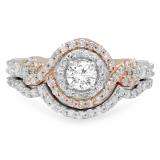1.10 Carat (ctw) 14K White & Rose Gold Two Tone Round White Diamond Ladies Swirl Halo Bridal Engagement Ring Set