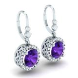 1.90 Carat (ctw) 10K White Gold Round Amethyst & White Diamond Ladies Halo Style Dangling Drop Earrings