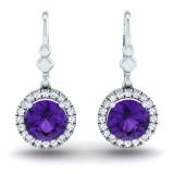 1.90 Carat (ctw) 10K White Gold Round Amethyst & White Diamond Ladies Halo Style Dangling Drop Earrings