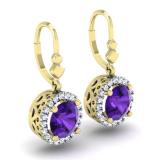 1.90 Carat (ctw) 10K Yellow Gold Round Amethyst & White Diamond Ladies Halo Style Dangling Drop Earrings