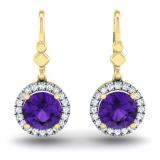 1.90 Carat (ctw) 10K Yellow Gold Round Amethyst & White Diamond Ladies Halo Style Dangling Drop Earrings