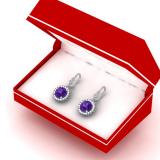 1.90 Carat (ctw) 14K White Gold Round Amethyst & White Diamond Ladies Halo Style Dangling Drop Earrings
