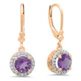 1.90 Carat (ctw) 18K Rose Gold Round Amethyst & White Diamond Ladies Halo Style Dangling Drop Earrings