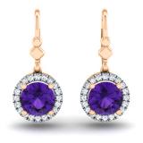 1.90 Carat (ctw) 18K Rose Gold Round Amethyst & White Diamond Ladies Halo Style Dangling Drop Earrings