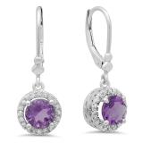 1.90 Carat (ctw) 18K White Gold Round Amethyst & White Diamond Ladies Halo Style Dangling Drop Earrings