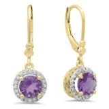 1.90 Carat (ctw) 18K Yellow Gold Round Amethyst & White Diamond Ladies Halo Style Dangling Drop Earrings