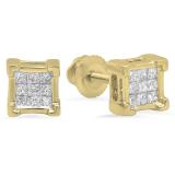 0.25 Carat (ctw) 14K Yellow Gold Princess Cut White Diamond Ladies Square Shape Stud Earrings 1/4 CT