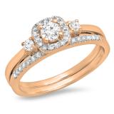 0.45 Carat (Ctw) 10K Rose Gold Round White Diamond Ladies 3 Stone Halo Bridal Engagement Ring With Matching Band Set