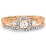 0.45 Carat (Ctw) 10K Rose Gold Round White Diamond Ladies 3 Stone Halo Bridal Engagement Ring With Matching Band Set